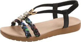 Kubbon Sandals for Women Casual Bohemian Beach Sandals Thong Flat Slippers Sandal Comfortable Elastic Ankle Strap Beach Shoes Open Toe Slides