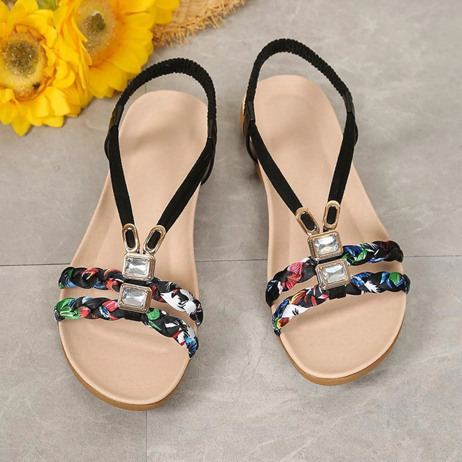 Kubbon Sandals for Women Casual Bohemian Beach Sandals Thong Flat Slippers Sandal Comfortable Elastic Ankle Strap Beach Shoes Open Toe Slides