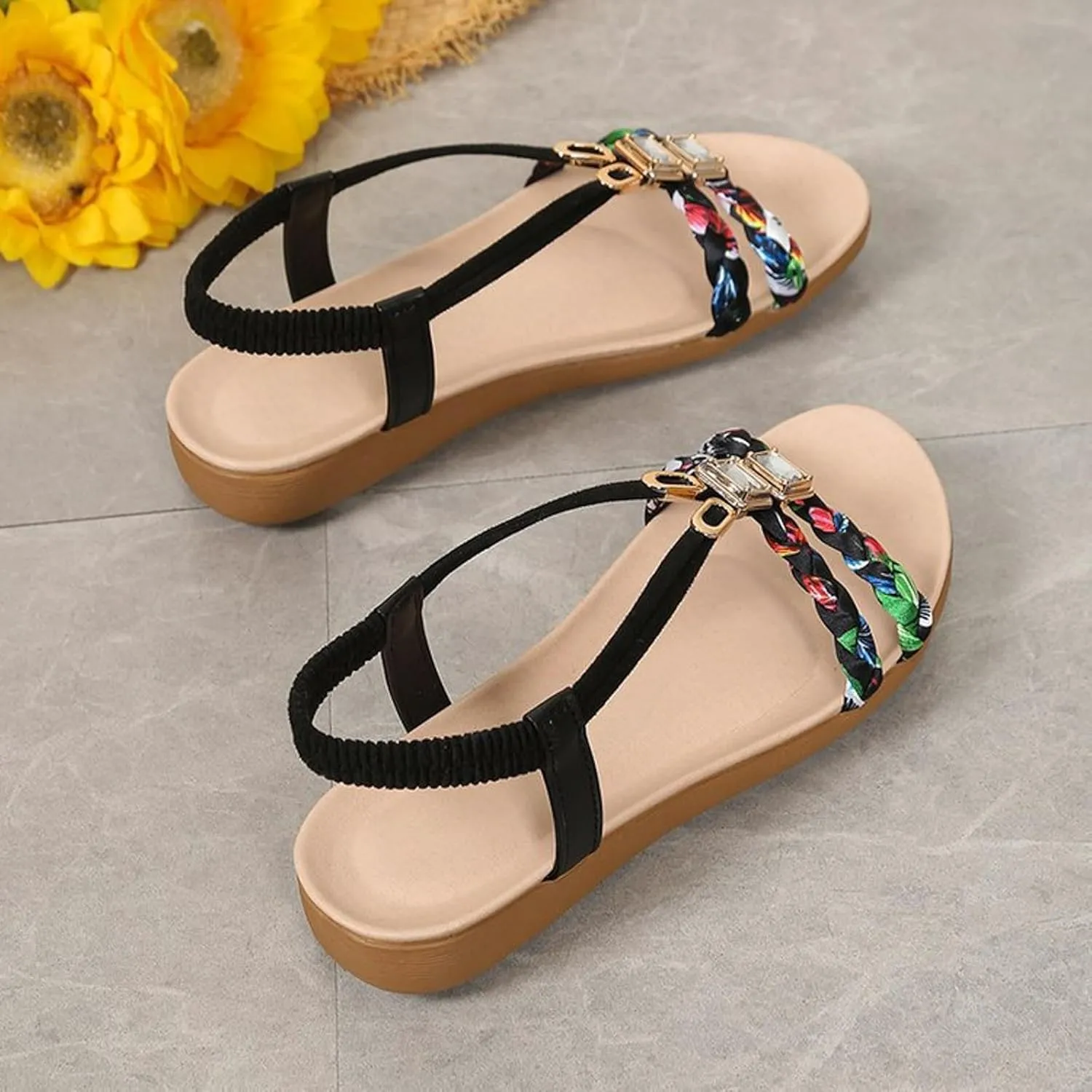 Kubbon Sandals for Women Casual Bohemian Beach Sandals Thong Flat Slippers Sandal Comfortable Elastic Ankle Strap Beach Shoes Open Toe Slides