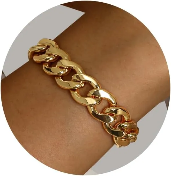 LANE WOODS Chunky Gold Bracelet for Women 14k Gold Plated Chain Link Bracelet for Men Classic Jewelry