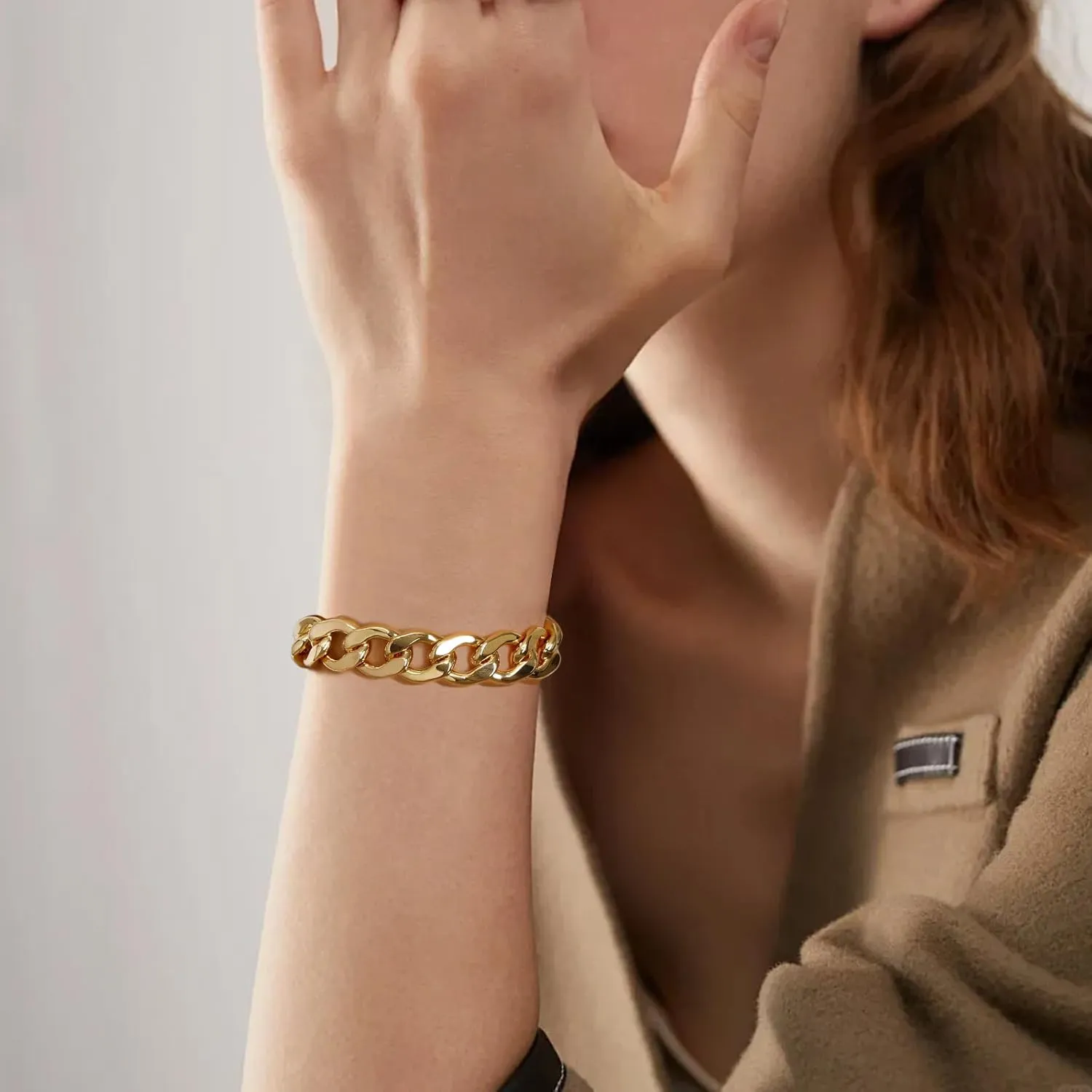 LANE WOODS Chunky Gold Bracelet for Women 14k Gold Plated Chain Link Bracelet for Men Classic Jewelry