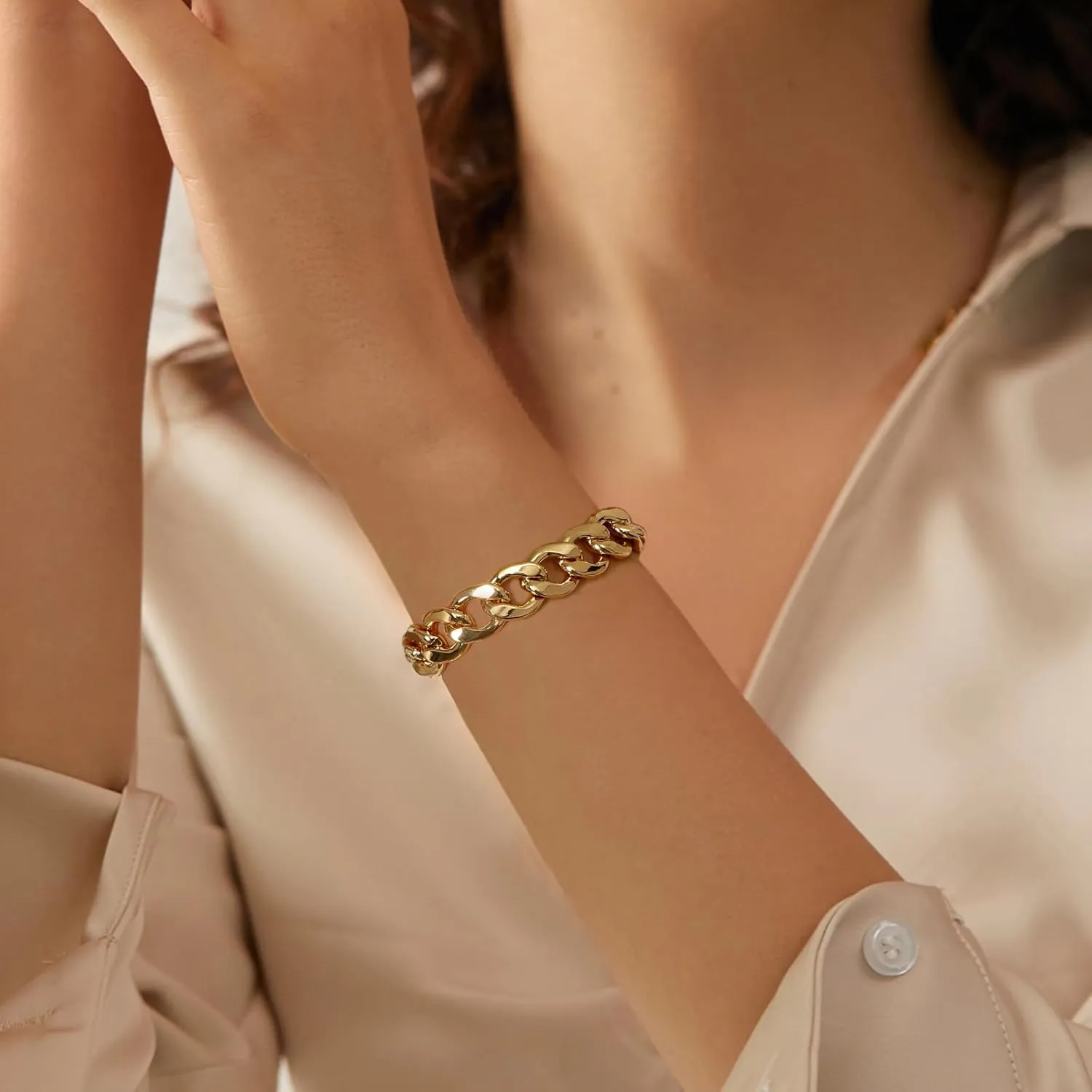 LANE WOODS Chunky Gold Bracelet for Women 14k Gold Plated Chain Link Bracelet for Men Classic Jewelry