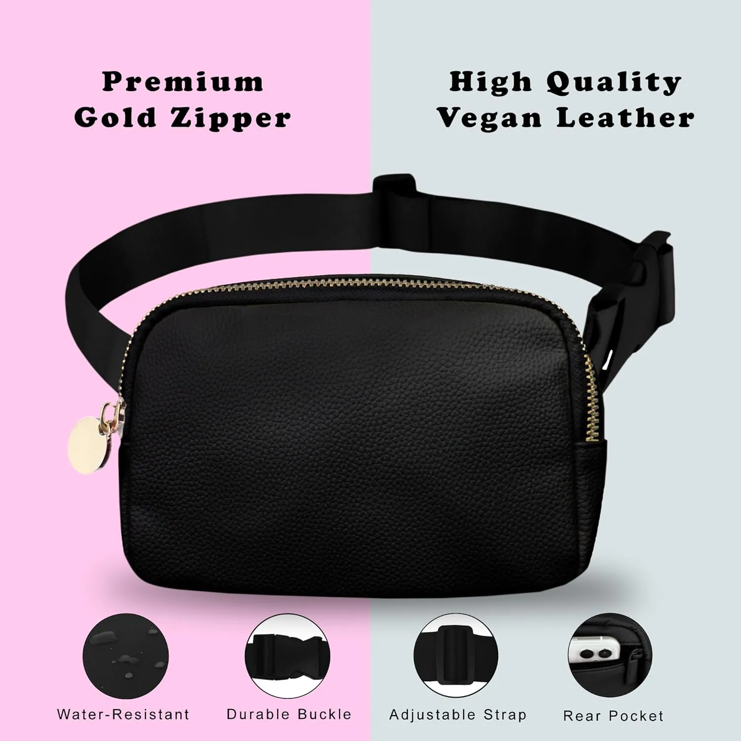 Leather Belt Bag for Women  Black Leather Fanny Pack Crossbody, Everyday Belt Bag, Waist Pack, Womens Fanny Pack, Crossbody Fanny Packs for Women, Large Black Bag