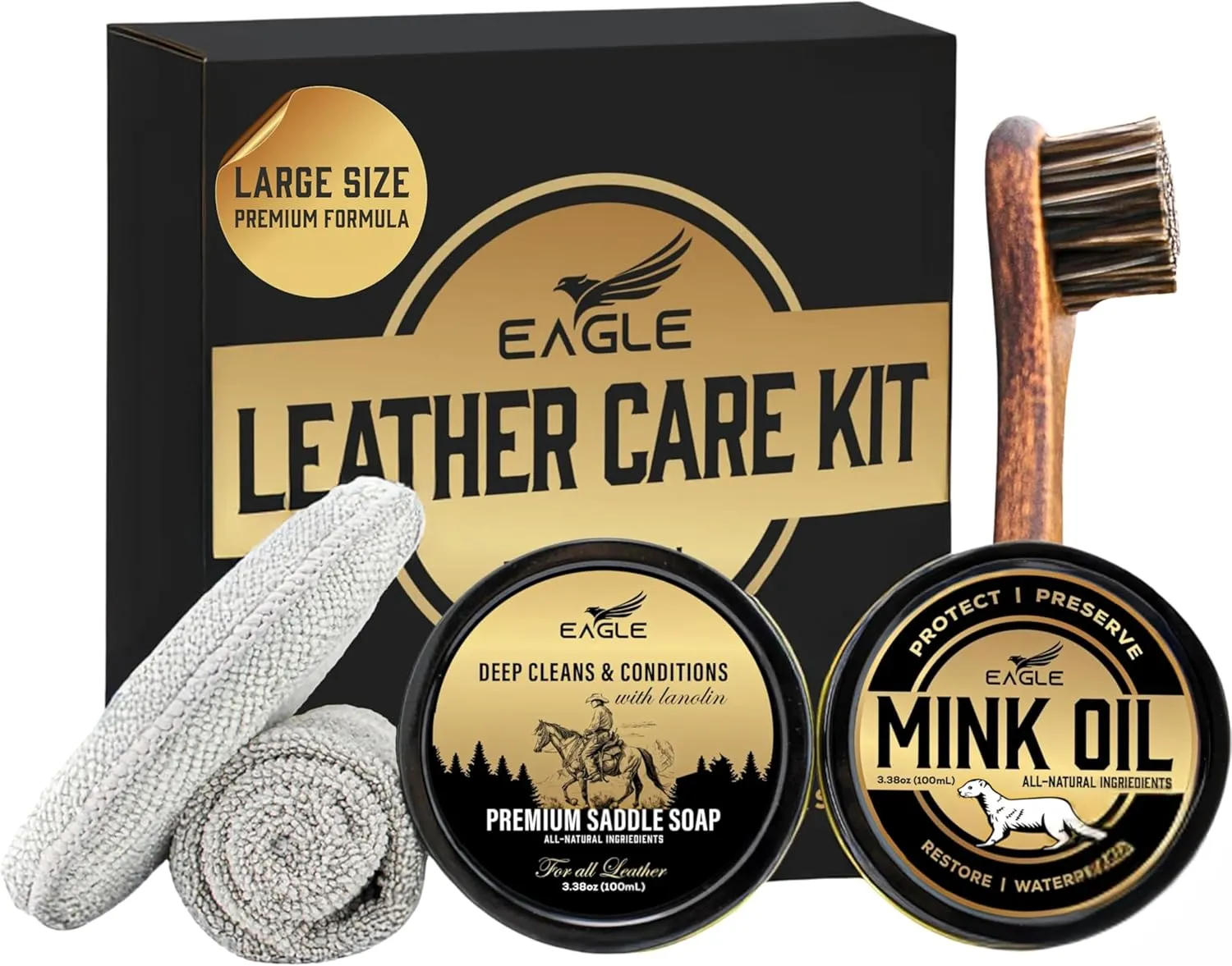 Leather Boot Care Kit  Mink Oil, Saddle Soap for Leather, Applicators & Cloth  Leather Care Kit, Boot Leather Care Kit, Leather Shoe Care Kit for Cowboy Boots, Work Boots, Shoes, and Tack