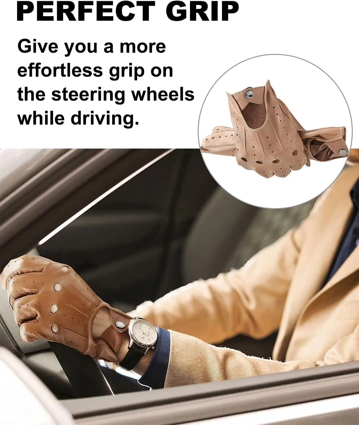 LIBO Genuine Leather Driving Gloves for Men Women, Unlined Full Finger Motorcycle Gloves, Button Closure (Non Touchscreen)