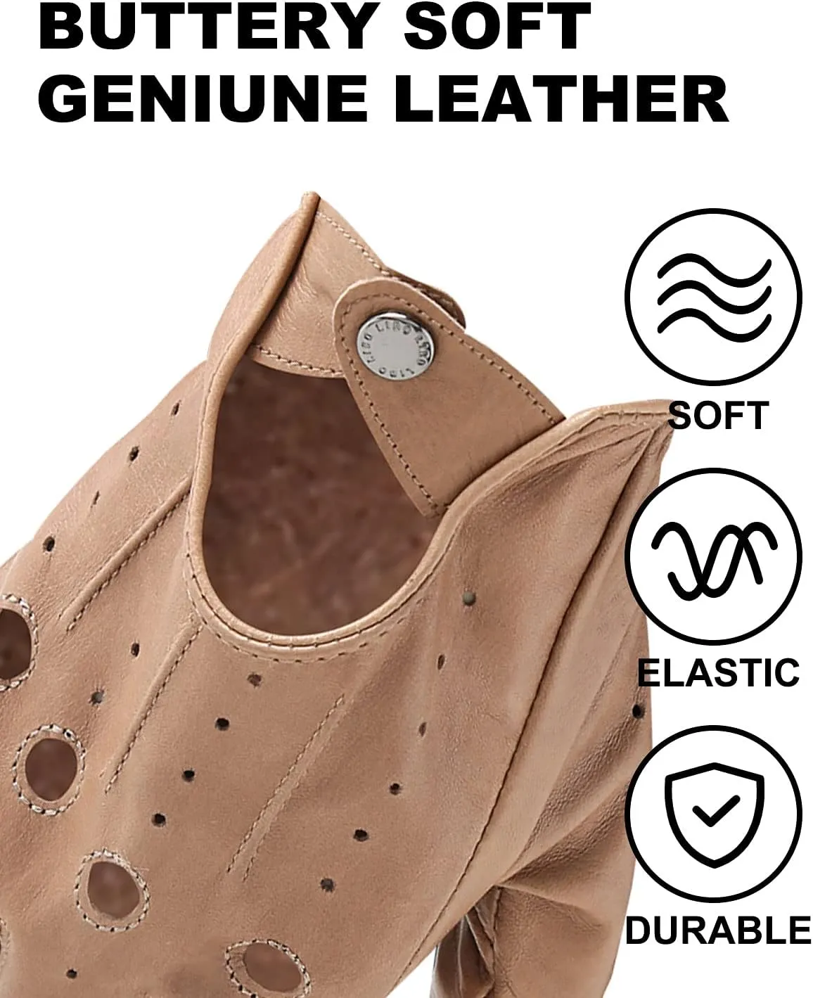 LIBO Genuine Leather Driving Gloves for Men Women, Unlined Full Finger Motorcycle Gloves, Button Closure (Non Touchscreen)
