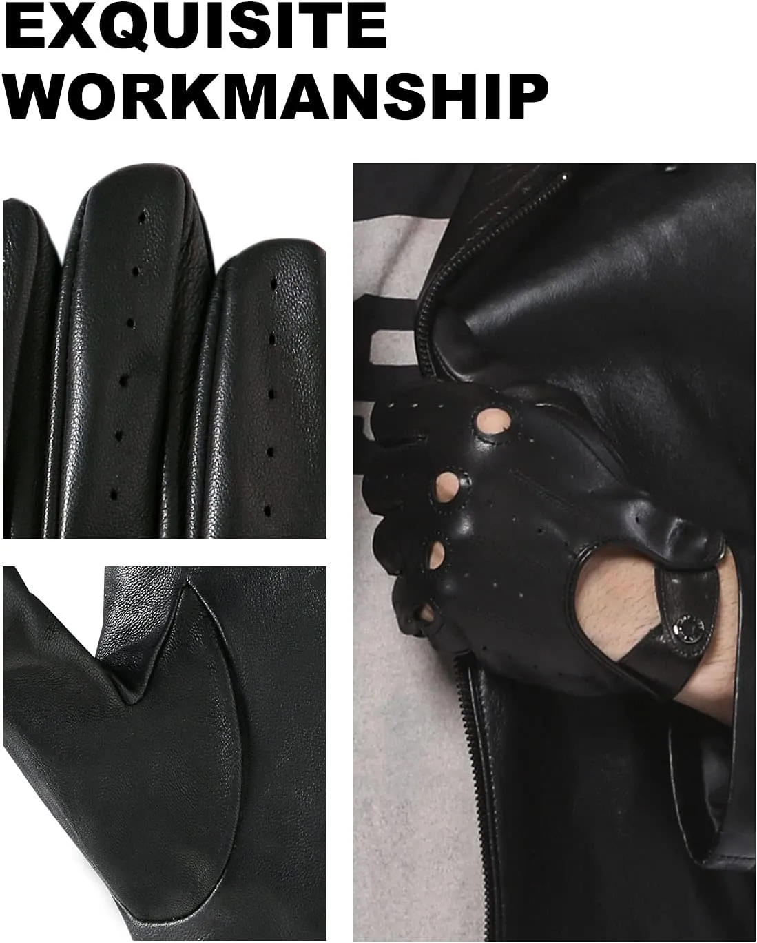 LIBO Genuine Leather Driving Gloves for Men Women, Unlined Full Finger Motorcycle Gloves, Button Closure (Non Touchscreen)