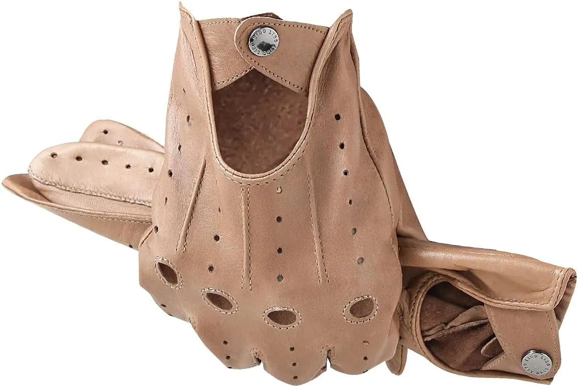 LIBO Genuine Leather Driving Gloves for Men Women, Unlined Full Finger Motorcycle Gloves, Button Closure (Non Touchscreen)