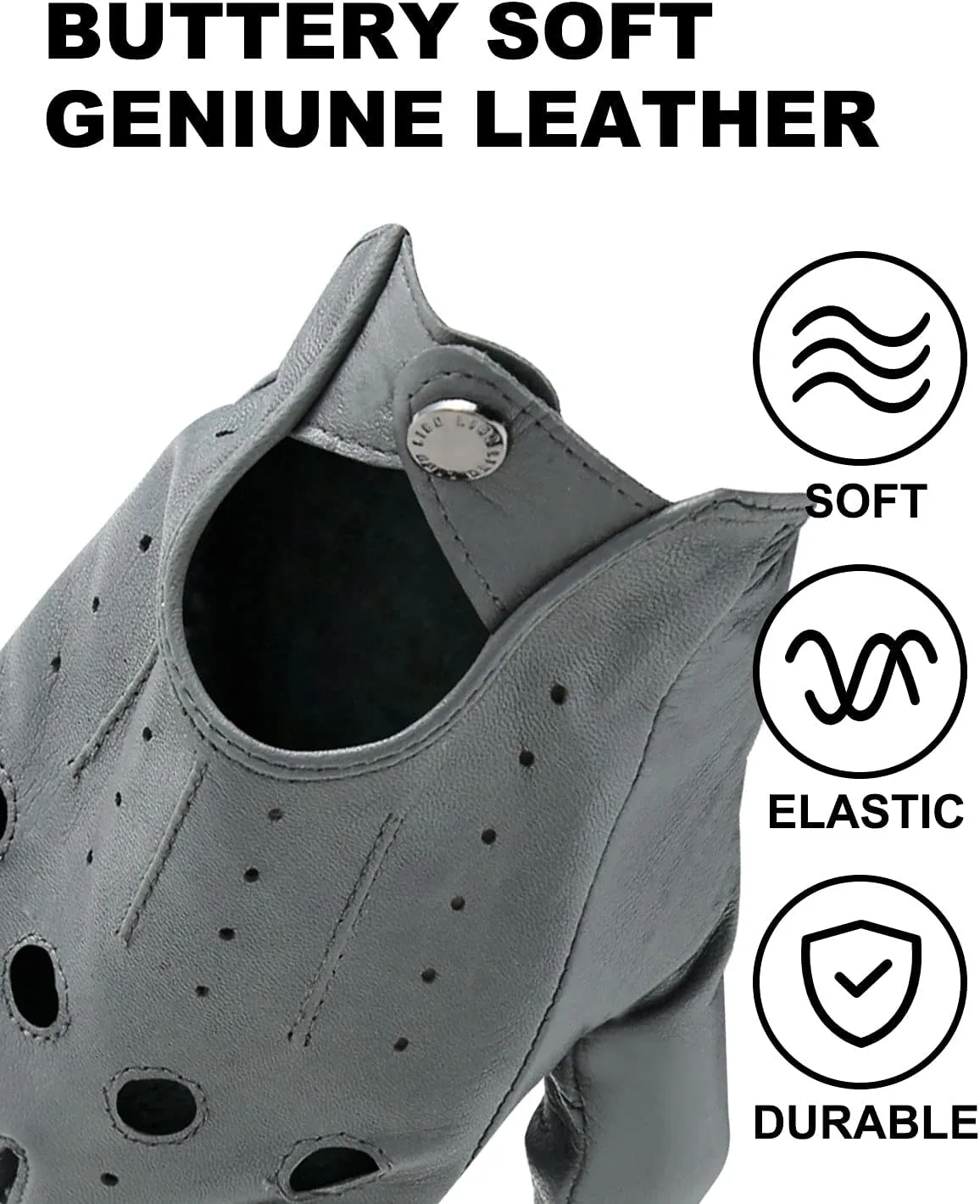 LIBO Genuine Leather Driving Gloves for Men Women, Unlined Full Finger Motorcycle Gloves, Button Closure (Non Touchscreen)