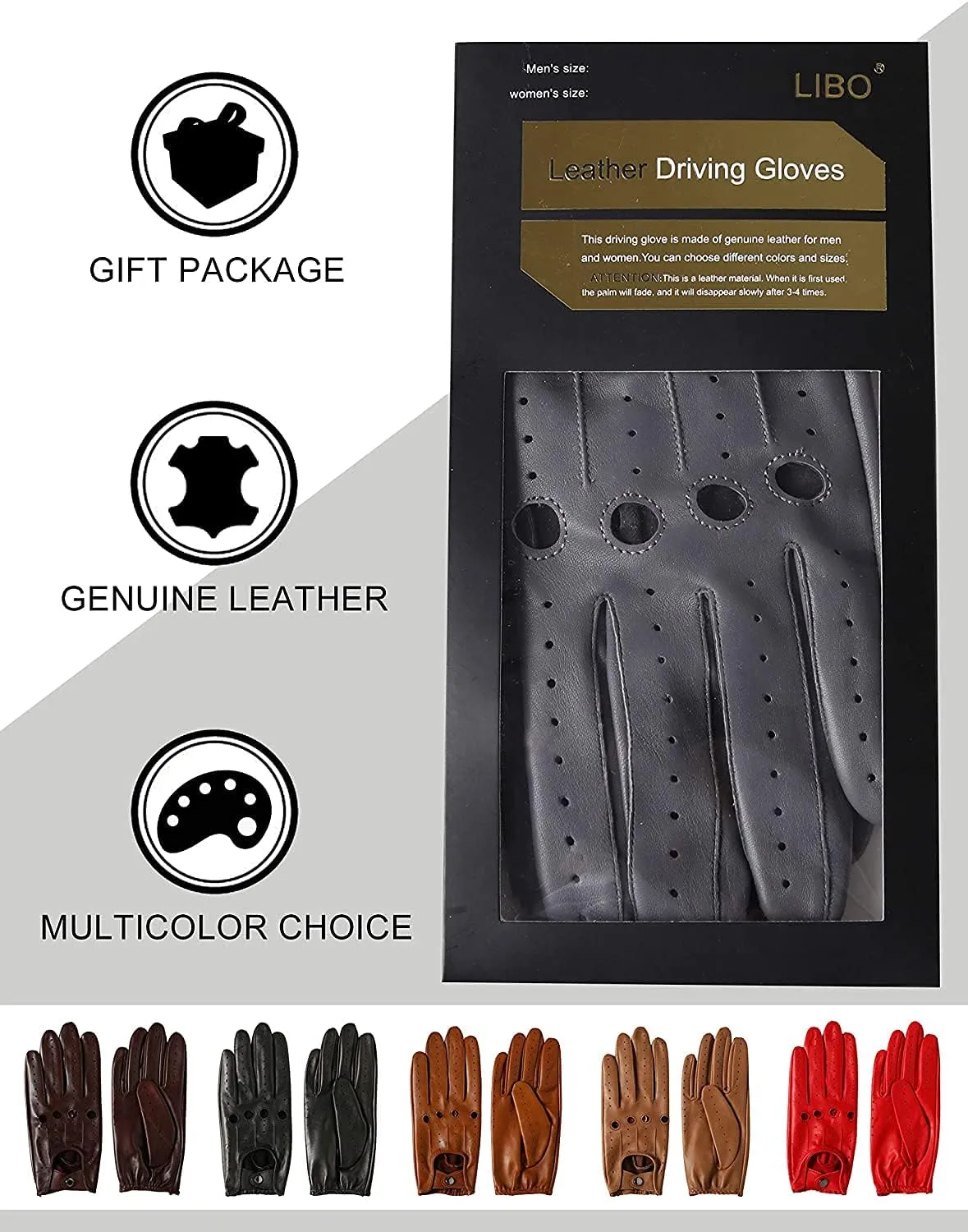 LIBO Genuine Leather Driving Gloves for Men Women, Unlined Full Finger Motorcycle Gloves, Button Closure (Non Touchscreen)