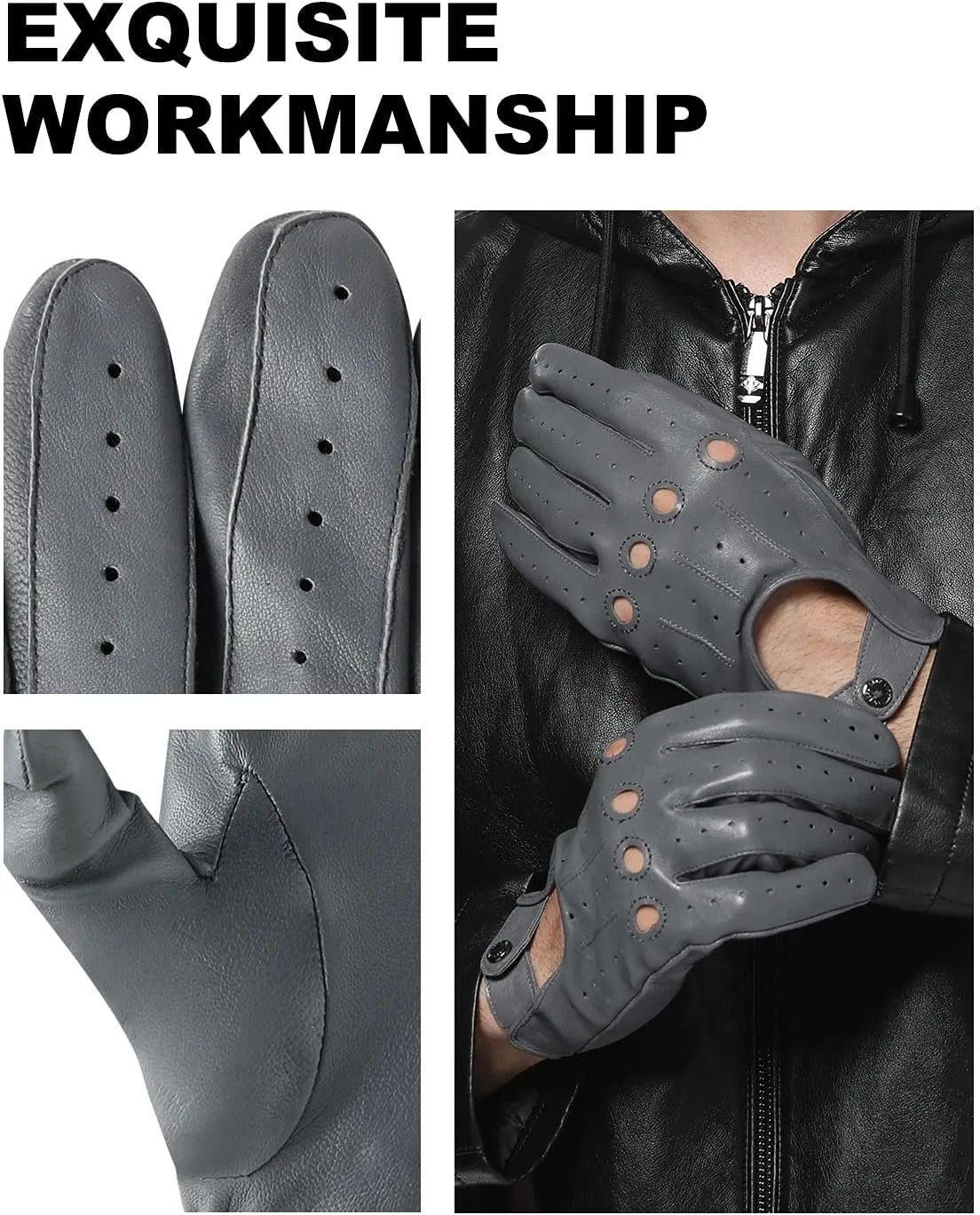 LIBO Genuine Leather Driving Gloves for Men Women, Unlined Full Finger Motorcycle Gloves, Button Closure (Non Touchscreen)