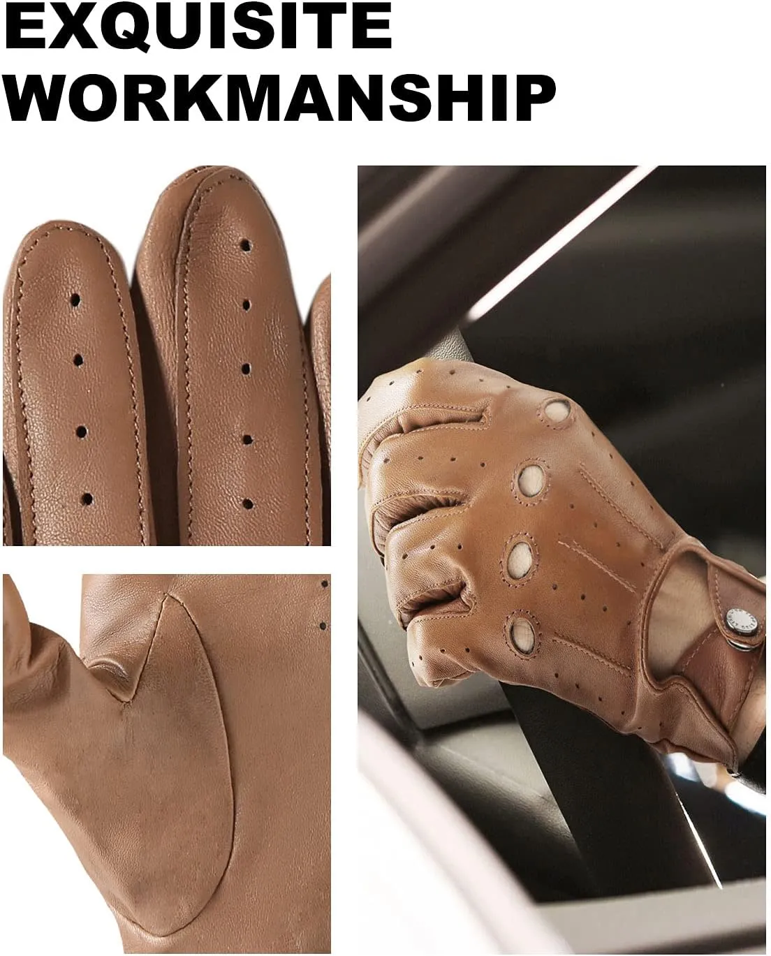 LIBO Genuine Leather Driving Gloves for Men Women, Unlined Full Finger Motorcycle Gloves, Button Closure (Non Touchscreen)