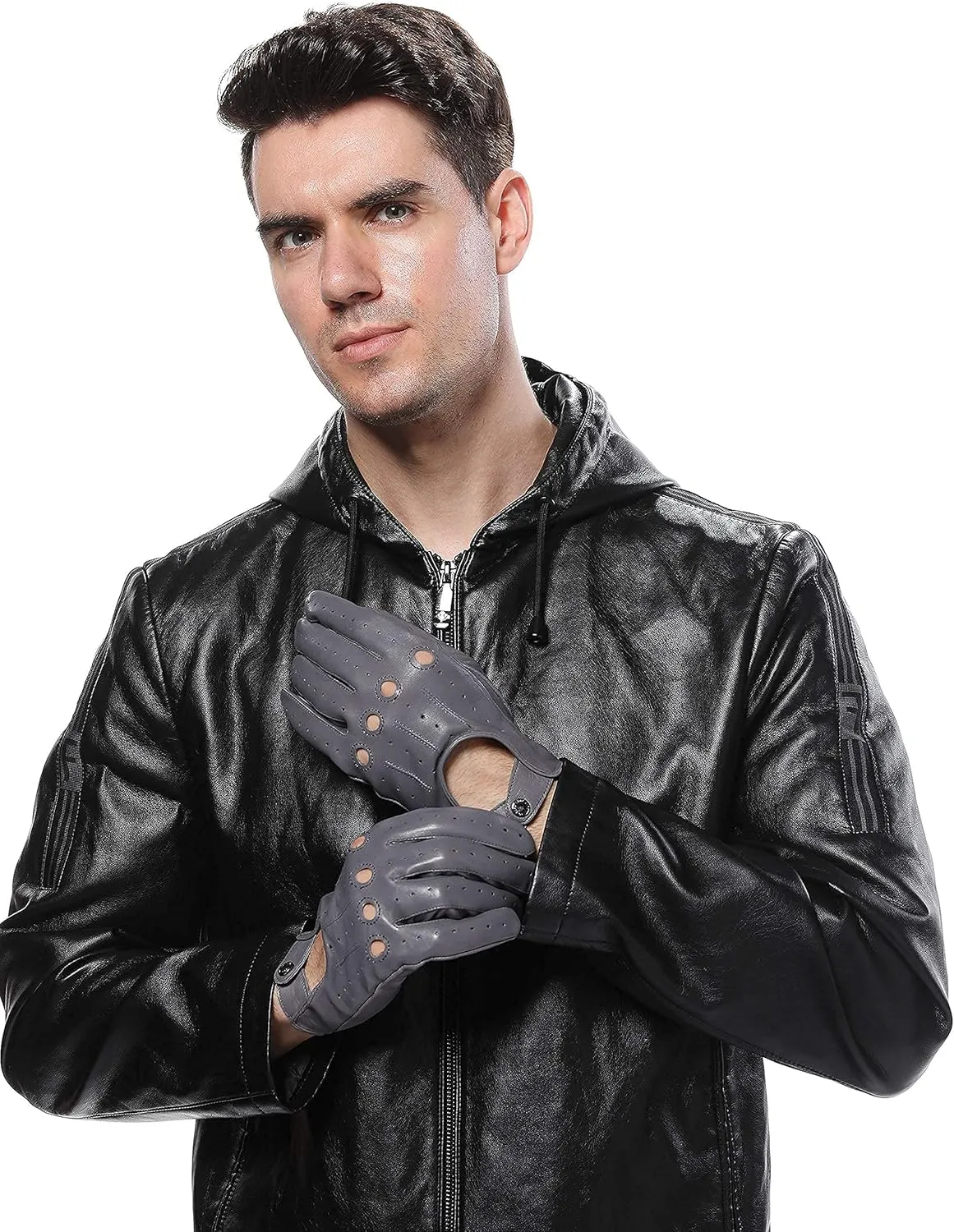LIBO Genuine Leather Driving Gloves for Men Women, Unlined Full Finger Motorcycle Gloves, Button Closure (Non Touchscreen)