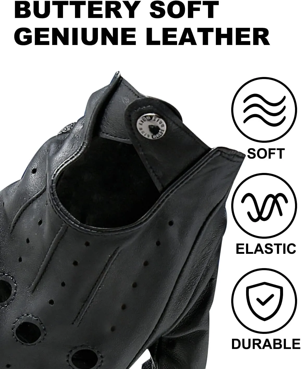 LIBO Genuine Leather Driving Gloves for Men Women, Unlined Full Finger Motorcycle Gloves, Button Closure (Non Touchscreen)