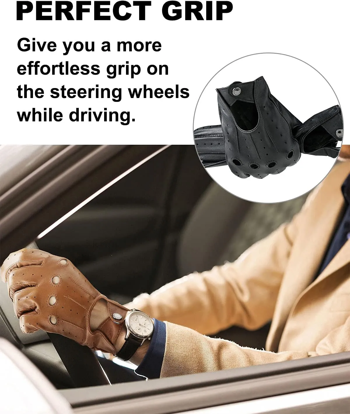 LIBO Genuine Leather Driving Gloves for Men Women, Unlined Full Finger Motorcycle Gloves, Button Closure (Non Touchscreen)