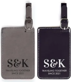 Lifetime Creations Pair (2) Personalized Traveling Together Initials Luggage Tags Pair (Black & Gray) - Custom Anniversary Vegan Leather Luggage Tag Traveling Gift with Initials