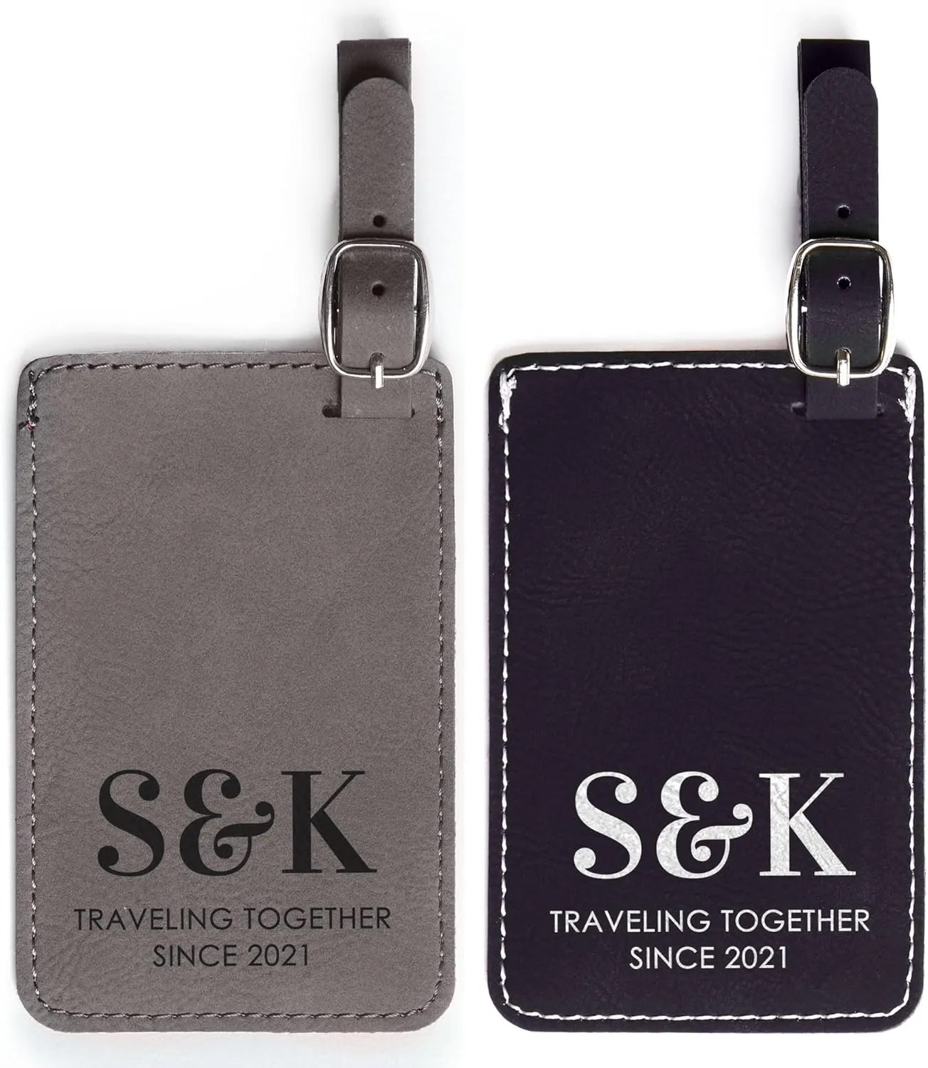 Lifetime Creations Pair (2) Personalized Traveling Together Initials Luggage Tags Pair (Black & Gray) - Custom Anniversary Vegan Leather Luggage Tag Traveling Gift with Initials