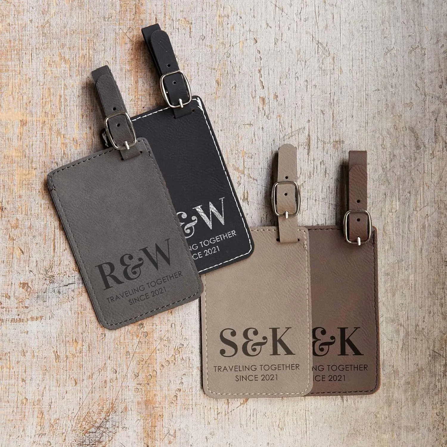 Lifetime Creations Pair (2) Personalized Traveling Together Initials Luggage Tags Pair (Black & Gray) - Custom Anniversary Vegan Leather Luggage Tag Traveling Gift with Initials