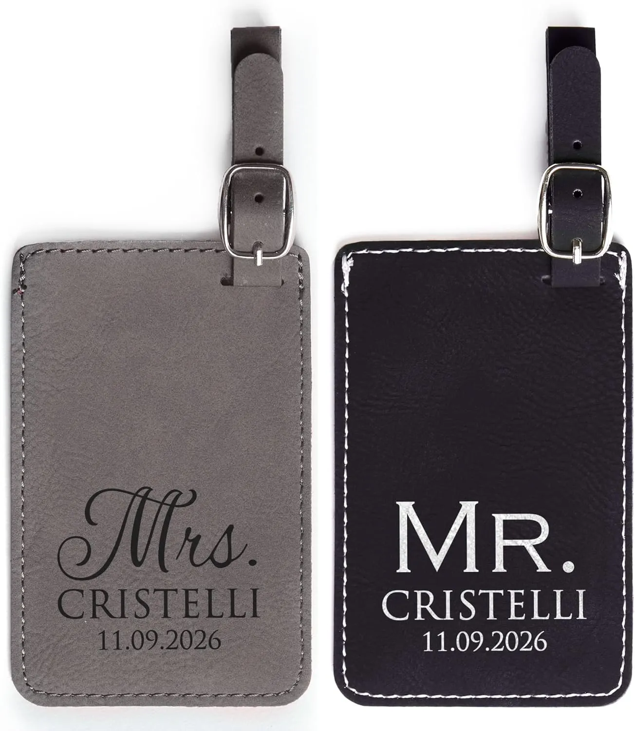 Lifetime Creations Personalized Mr & Mrs Luggage Tags - Vegan Leather, Custom Wedding Gift (Black & Gray, 2 Count)