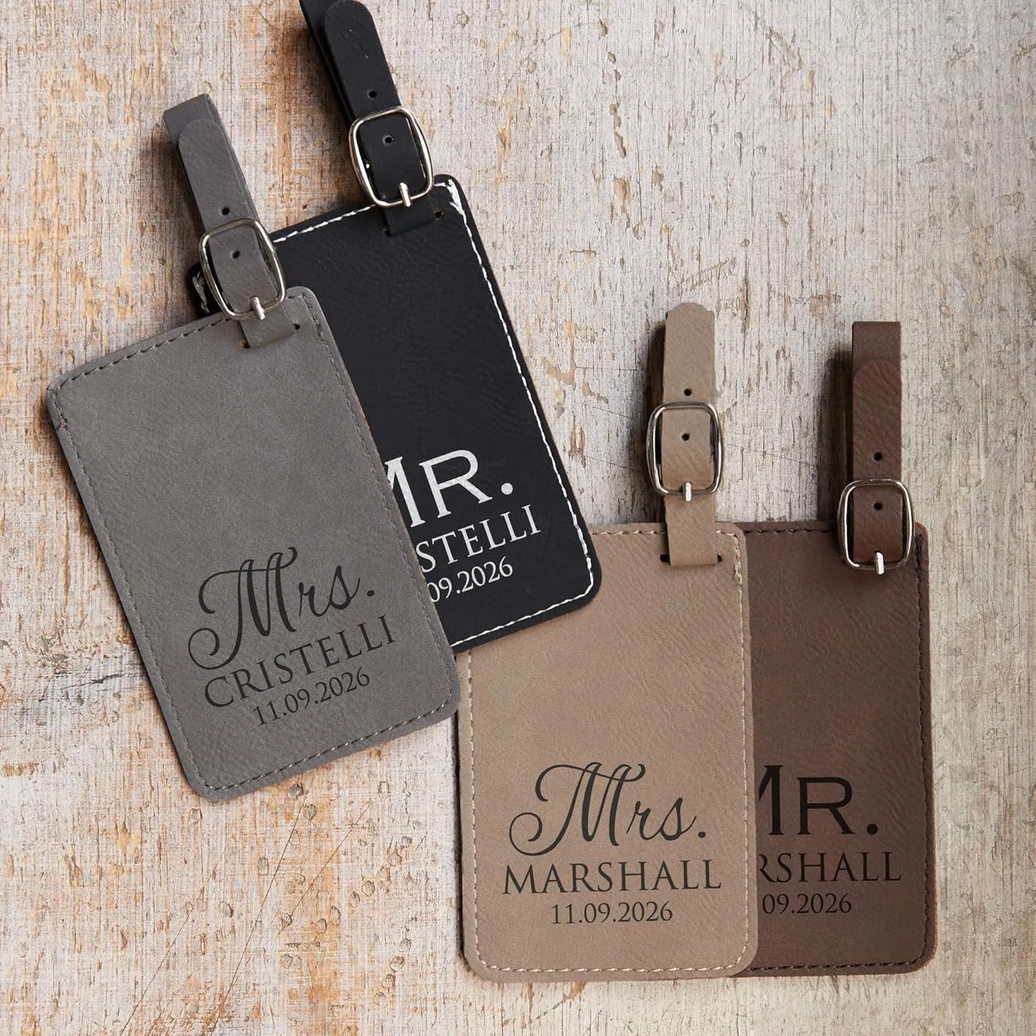 Lifetime Creations Personalized Mr & Mrs Luggage Tags - Vegan Leather, Custom Wedding Gift (Black & Gray, 2 Count)