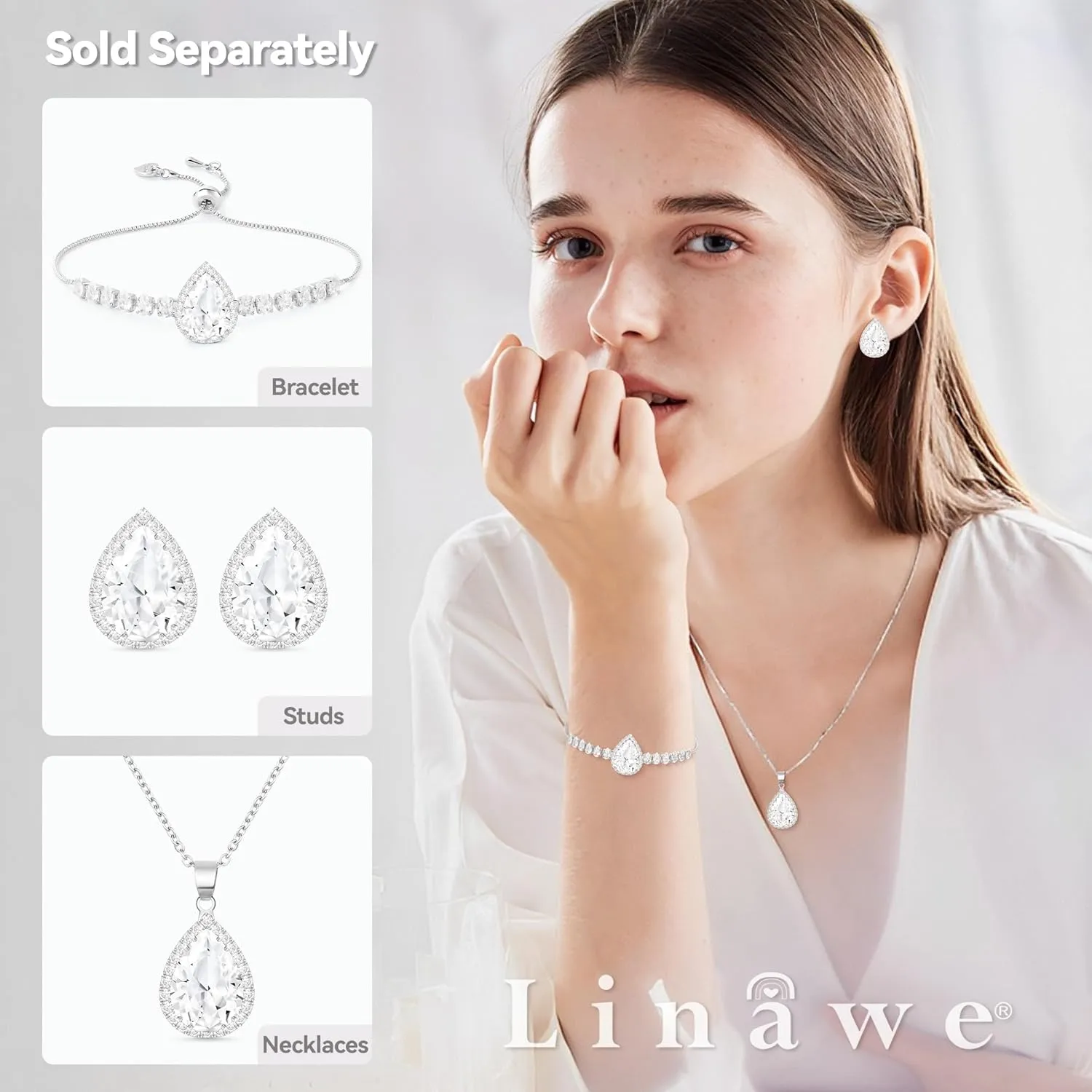 Linawe Crystal Imitation Diamond Rhinestone Charm Bracelets for Women, Gold/Silver/Rose Gold Adjustable Chain Bracelet, Teardrop Birthstone Cubic Zirconia Prom Costume Wedding Jewelry