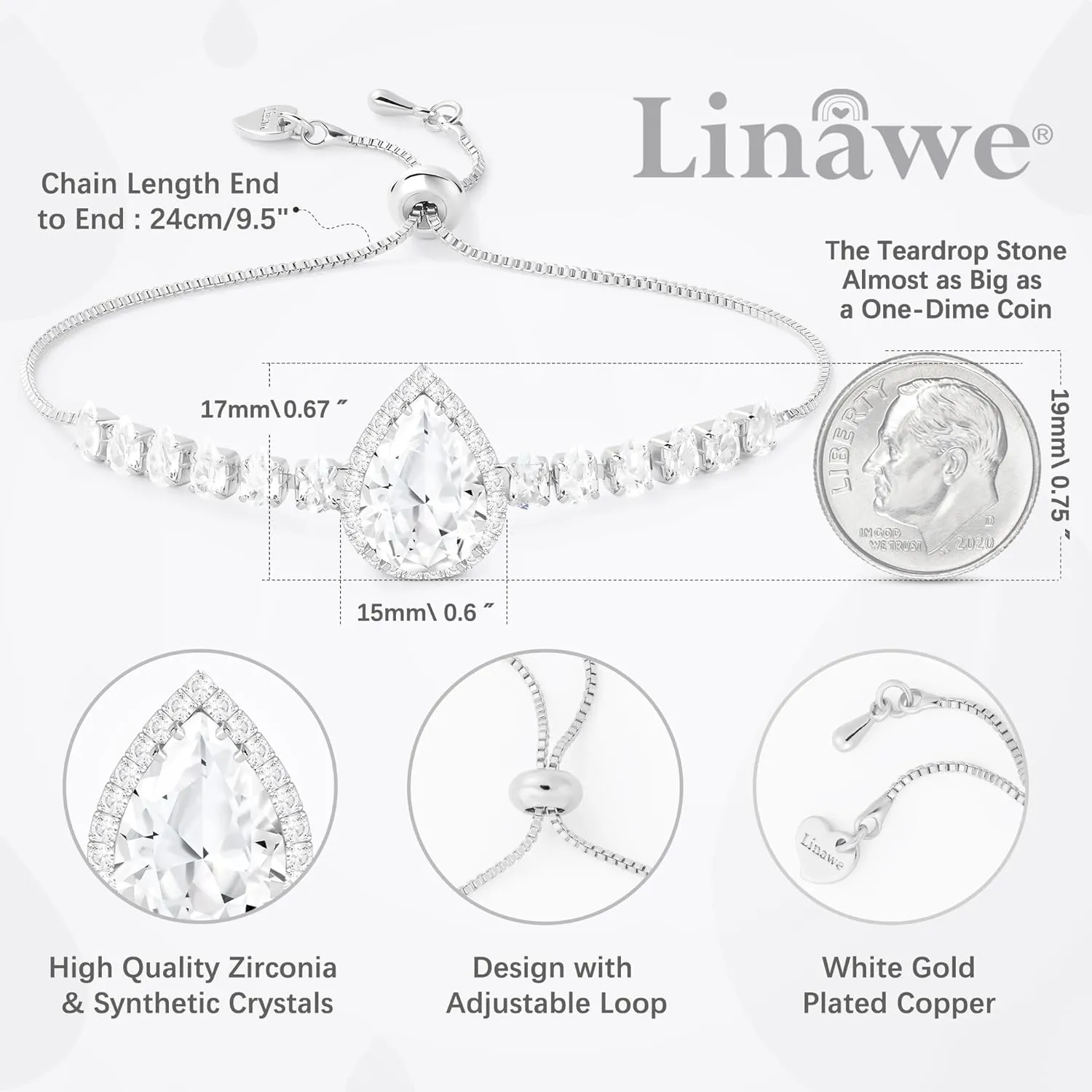 Linawe Crystal Imitation Diamond Rhinestone Charm Bracelets for Women, Gold/Silver/Rose Gold Adjustable Chain Bracelet, Teardrop Birthstone Cubic Zirconia Prom Costume Wedding Jewelry