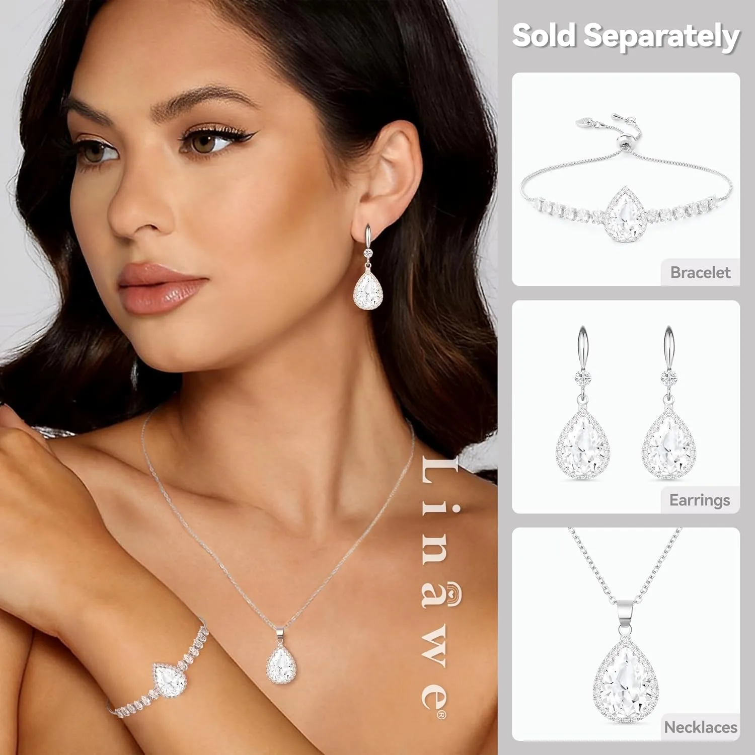Linawe Crystal Imitation Diamond Rhinestone Charm Bracelets for Women, Gold/Silver/Rose Gold Adjustable Chain Bracelet, Teardrop Birthstone Cubic Zirconia Prom Costume Wedding Jewelry