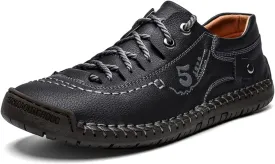 Mens Leather Casual Shoes Slip On Loafers Slipper Handmade Stitching Outdoor Mens Lace Up Loafers Shoes Walking Driving Shoes Abrasion Resistance