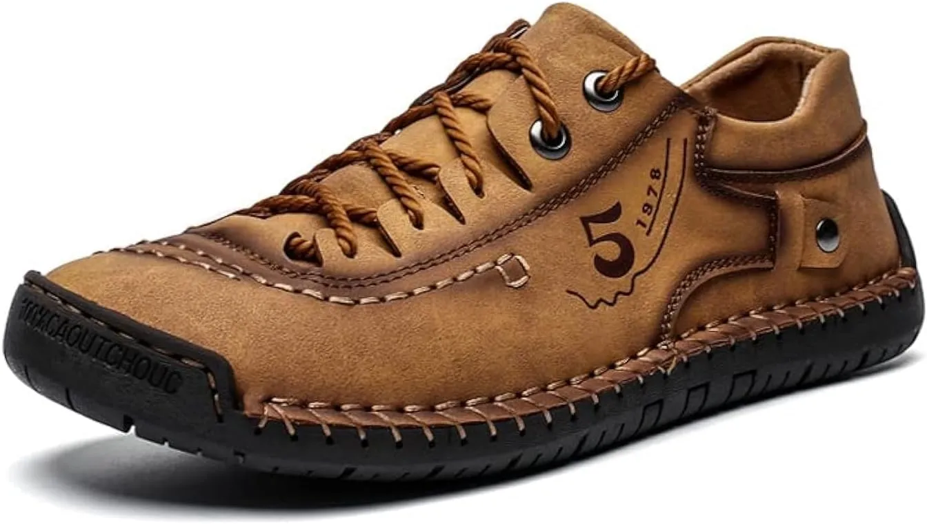 Mens Leather Casual Shoes Slip On Loafers Slipper Handmade Stitching Outdoor Mens Lace Up Loafers Shoes Walking Driving Shoes Abrasion Resistance