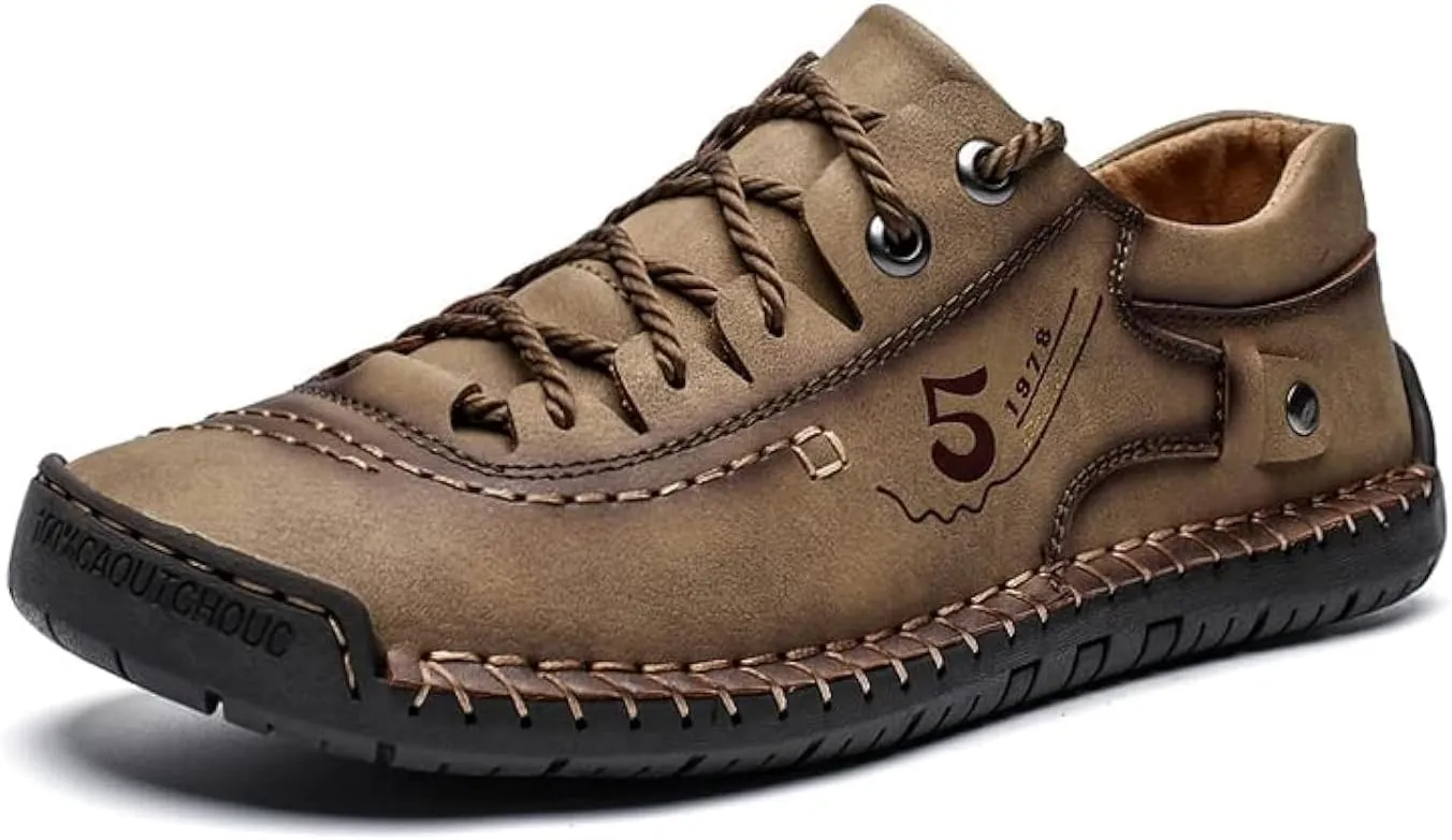 Mens Leather Casual Shoes Slip On Loafers Slipper Handmade Stitching Outdoor Mens Lace Up Loafers Shoes Walking Driving Shoes Abrasion Resistance