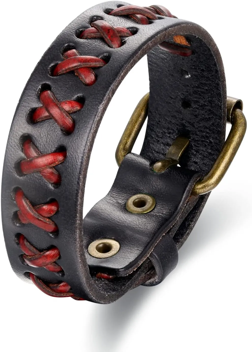 Mens Leather Wristband Bangle Bracelet Interwoven with Black Leather, Buckle Clasp, Cool Stylish