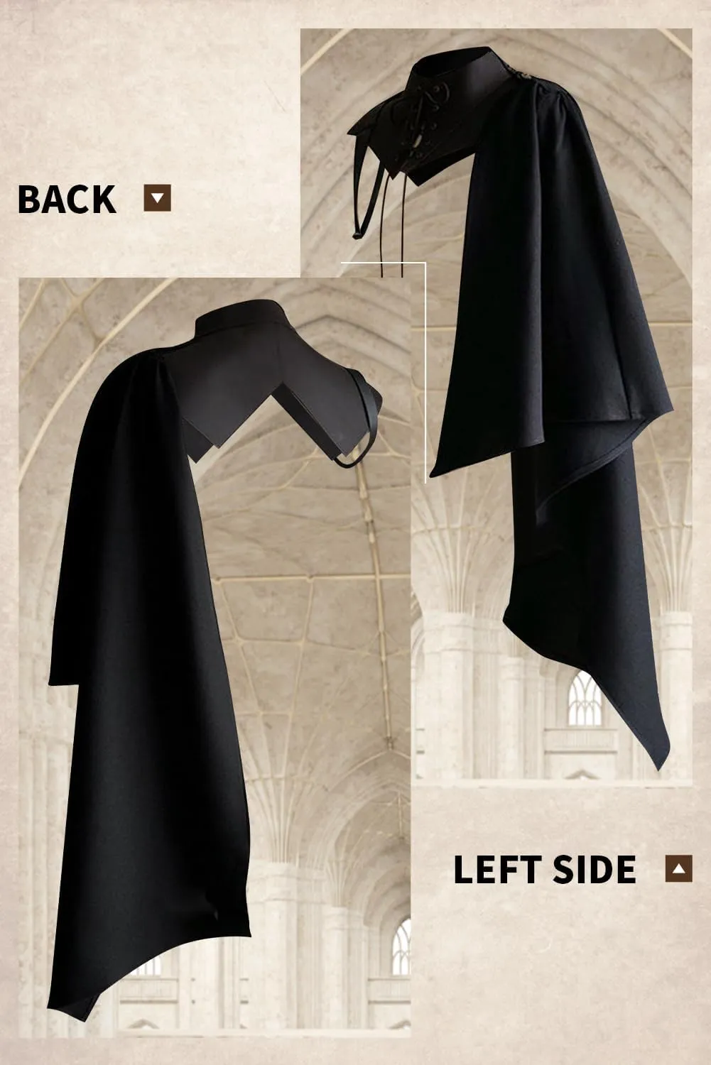 Mens Medieval Shawl Cloak Costume Half Shoulder Cape Renaissance Single Scarf Armor Steampunk Victorian Cosplay Black