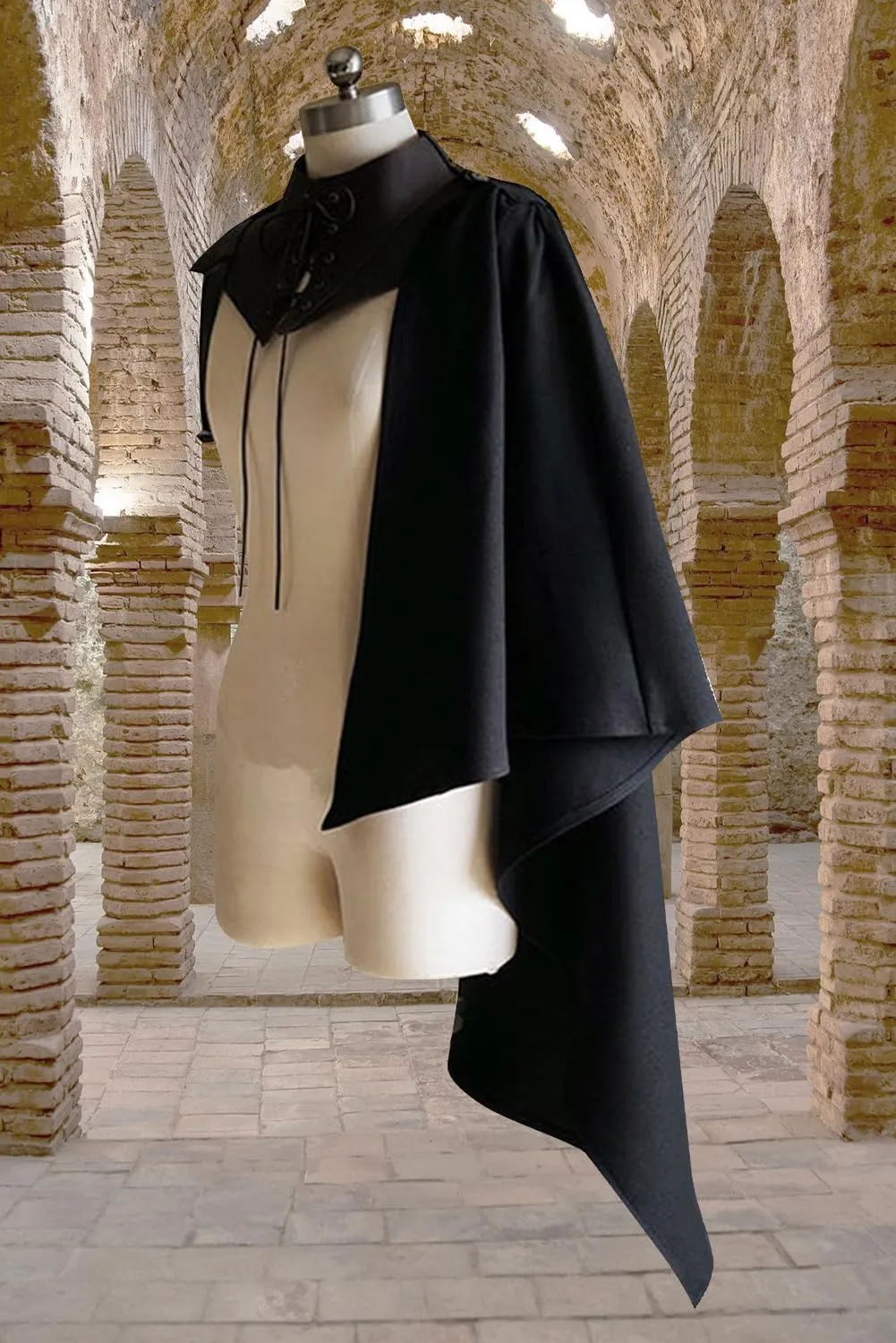 Mens Medieval Shawl Cloak Costume Half Shoulder Cape Renaissance Single Scarf Armor Steampunk Victorian Cosplay Black