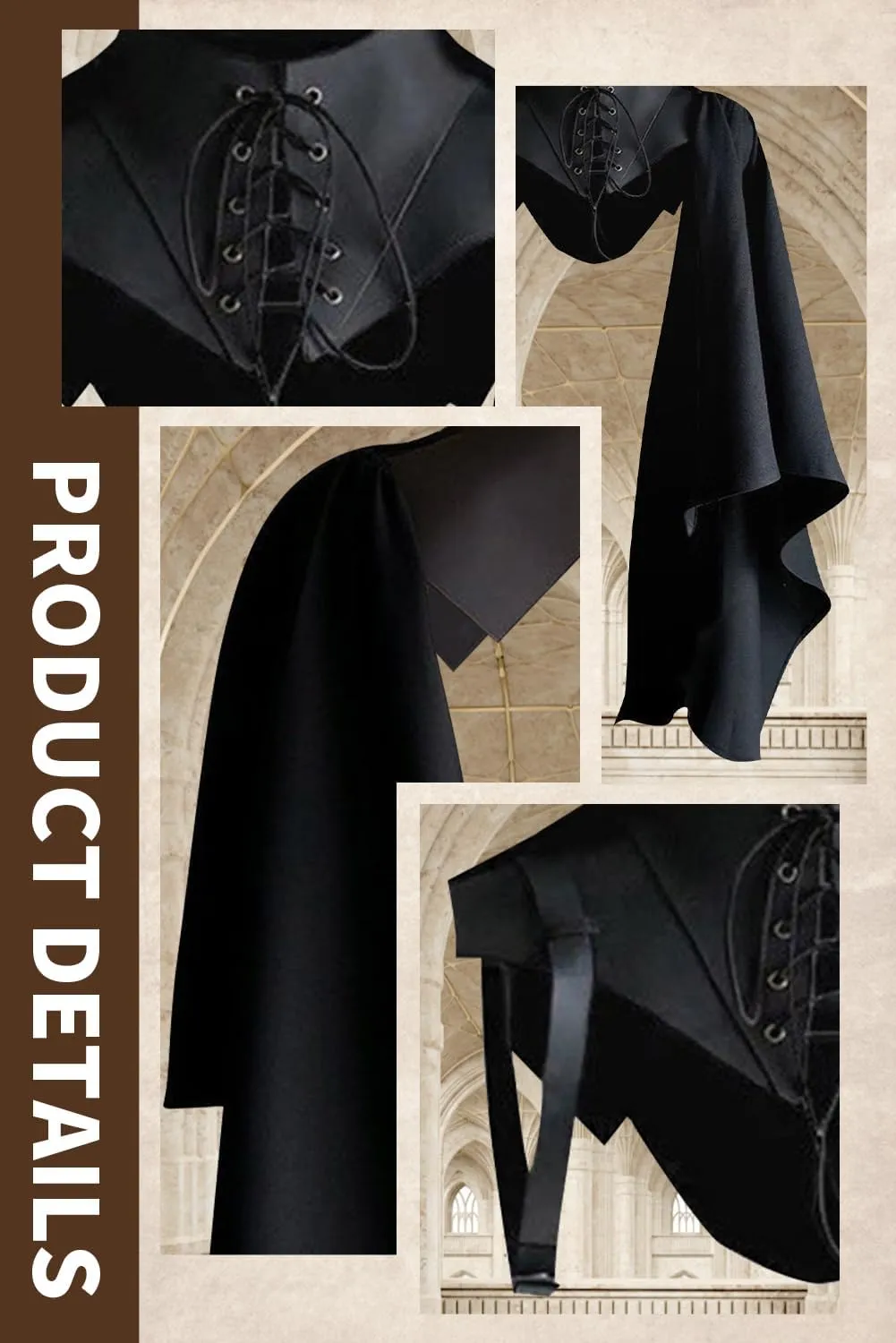 Mens Medieval Shawl Cloak Costume Half Shoulder Cape Renaissance Single Scarf Armor Steampunk Victorian Cosplay Black