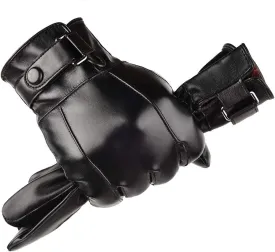 Mens Winter Autumn Black Brown Smooth PU Leather Plus Thick Velvet Touch Screen Gloves