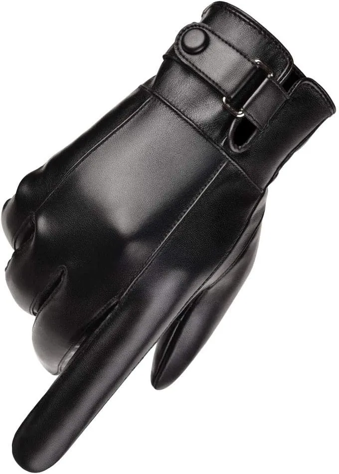 Mens Winter Autumn Black Brown Smooth PU Leather Plus Thick Velvet Touch Screen Gloves