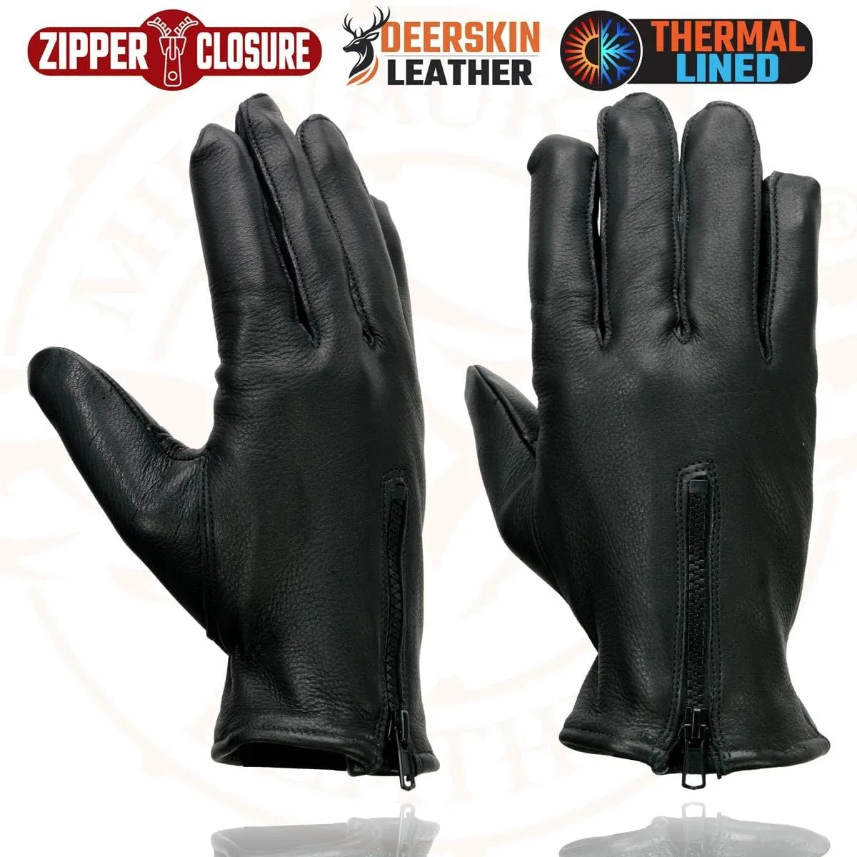 Milwaukee Leather SH866 Men's Thermal Lined USA Deerskin Leather Black Motorcycle Gloves w/Zipper Closure