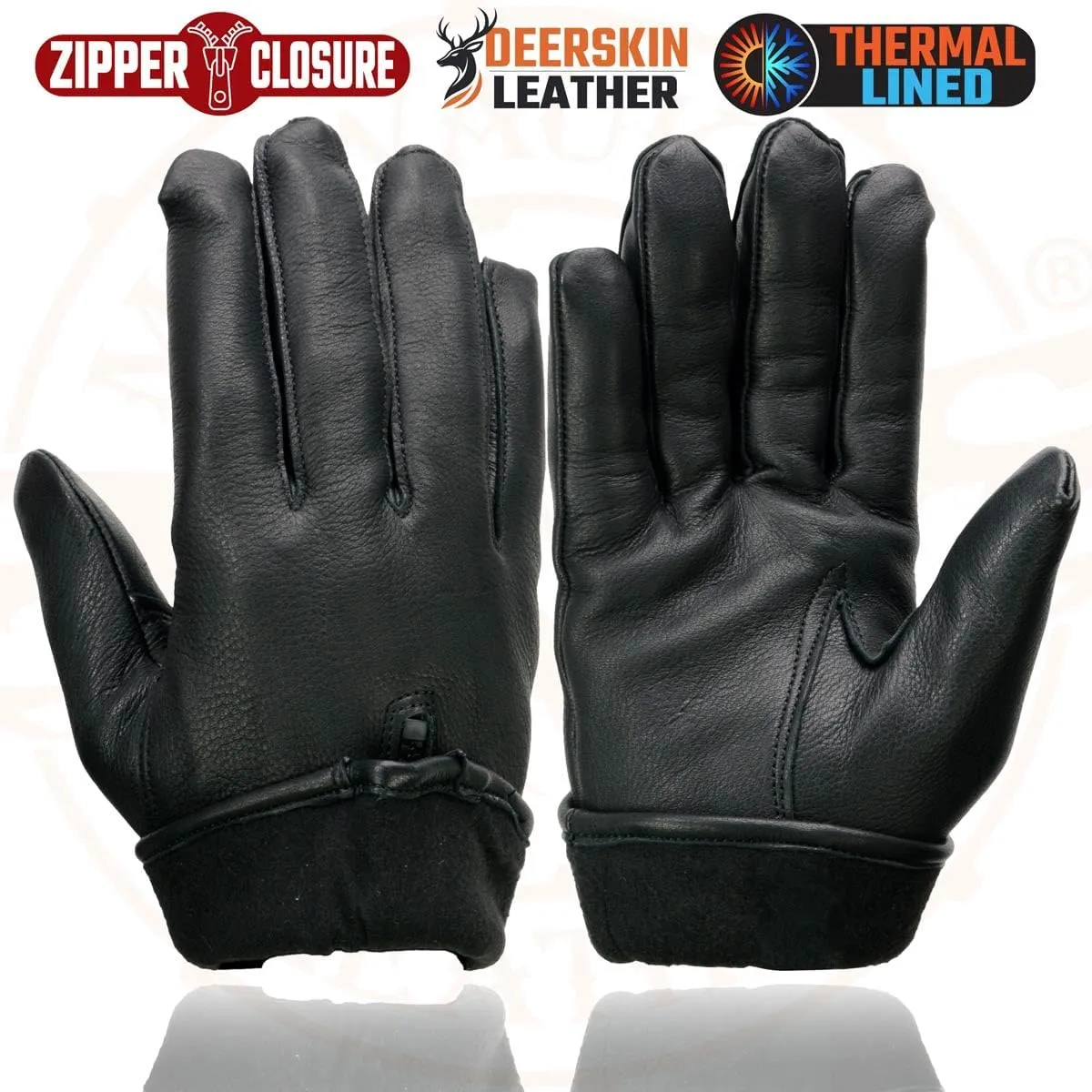 Milwaukee Leather SH866 Men's Thermal Lined USA Deerskin Leather Black Motorcycle Gloves w/Zipper Closure