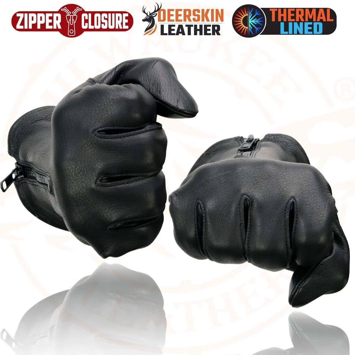 Milwaukee Leather SH866 Men's Thermal Lined USA Deerskin Leather Black Motorcycle Gloves w/Zipper Closure