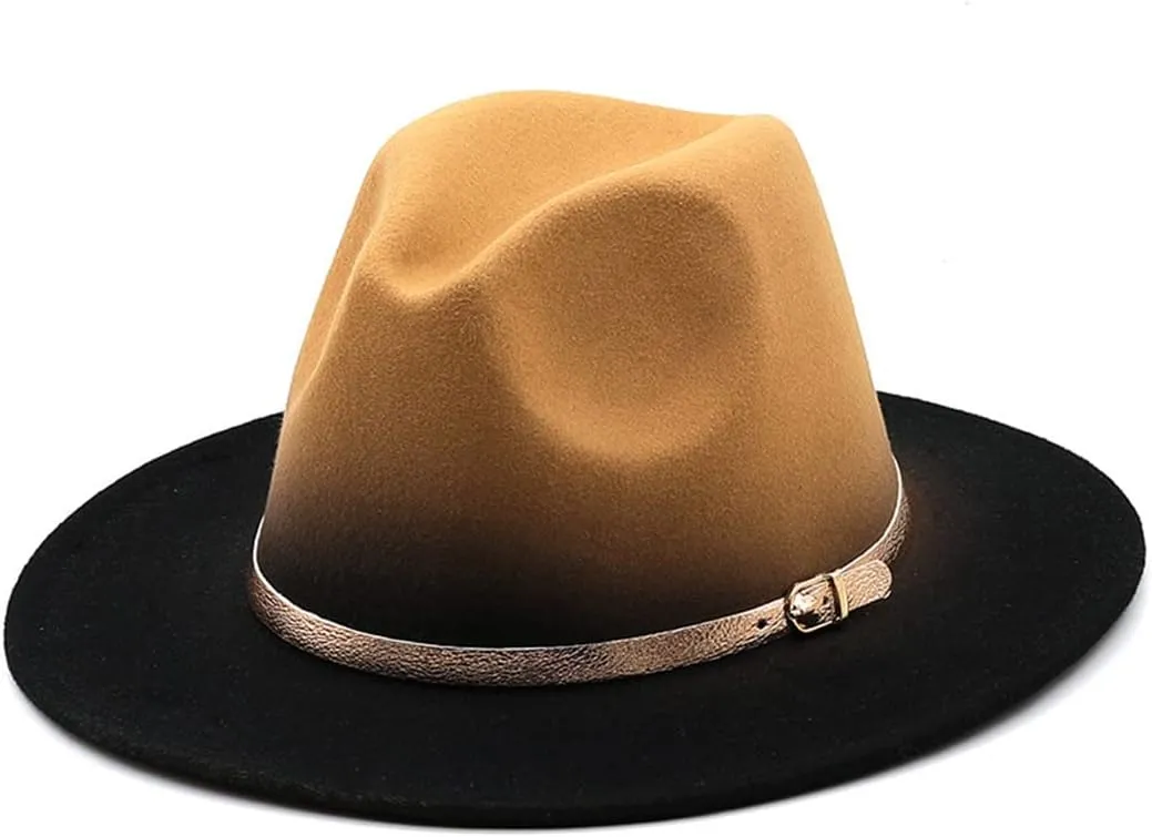Mokkpeq Women Men Woolen Fedoras Top Hat Color Block Wide Brim Casual Round Top Bowler Hats with Belt Buckle