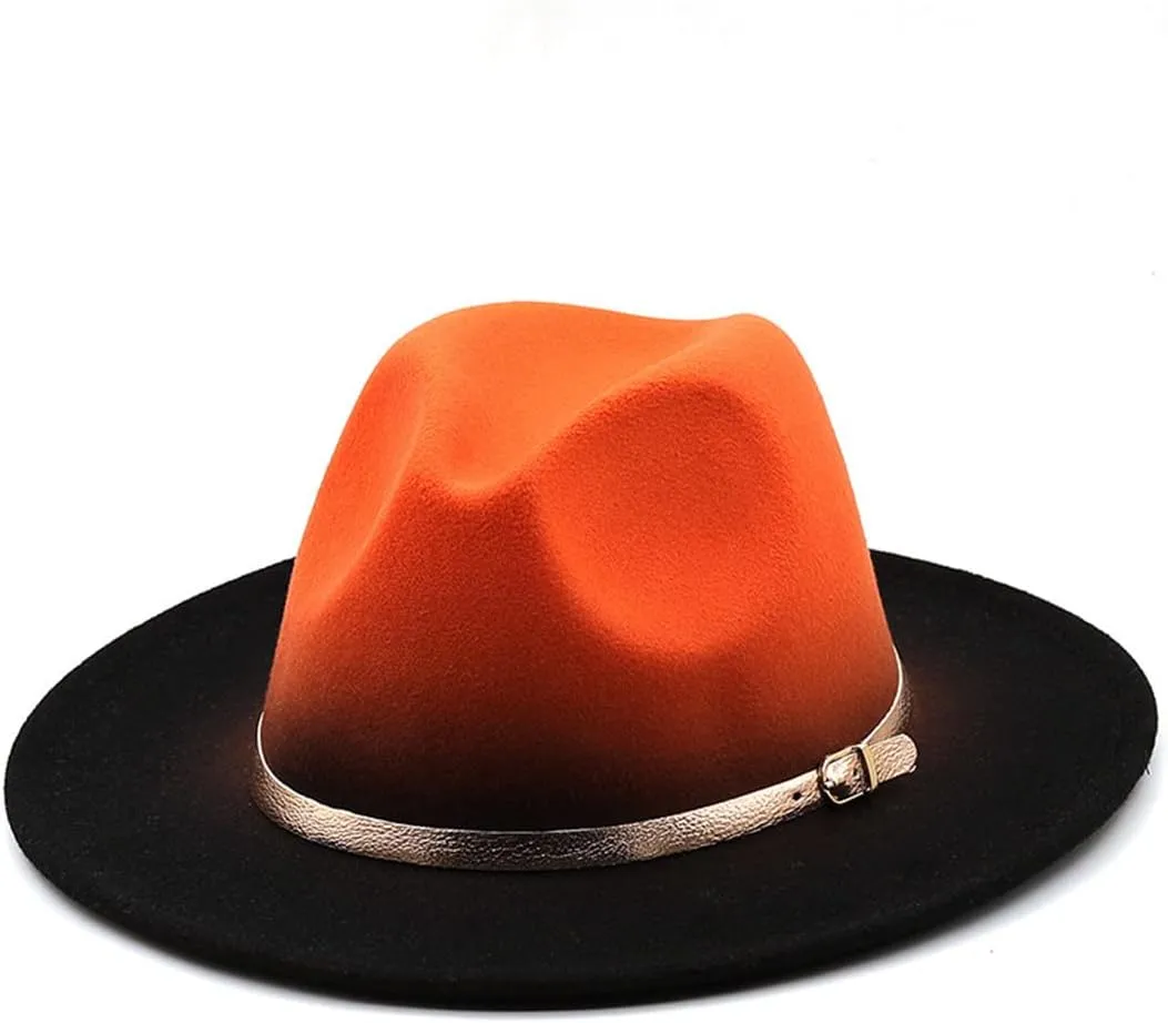 Mokkpeq Women Men Woolen Fedoras Top Hat Color Block Wide Brim Casual Round Top Bowler Hats with Belt Buckle