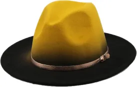 Mokkpeq Women Men Woolen Fedoras Top Hat Color Block Wide Brim Casual Round Top Bowler Hats with Belt Buckle