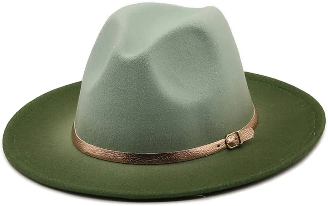 Mokkpeq Women Men Woolen Fedoras Top Hat Color Block Wide Brim Casual Round Top Bowler Hats with Belt Buckle