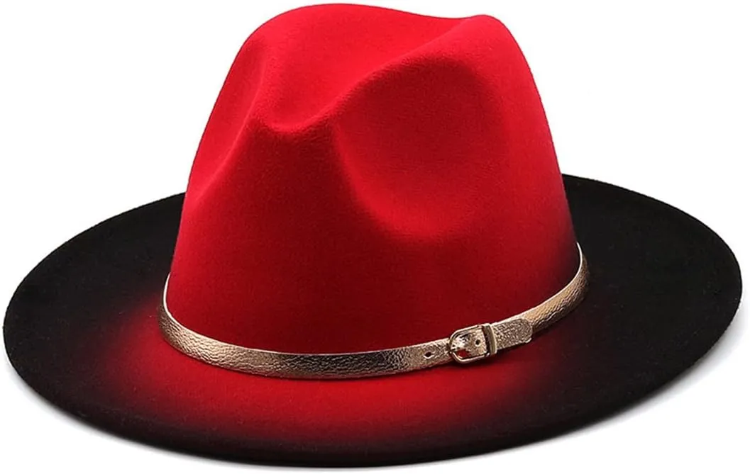 Mokkpeq Women Men Woolen Fedoras Top Hat Color Block Wide Brim Casual Round Top Bowler Hats with Belt Buckle