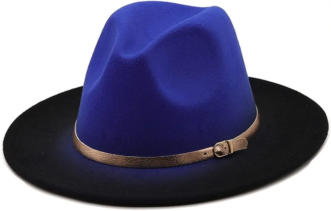 Mokkpeq Women Men Woolen Fedoras Top Hat Color Block Wide Brim Casual Round Top Bowler Hats with Belt Buckle
