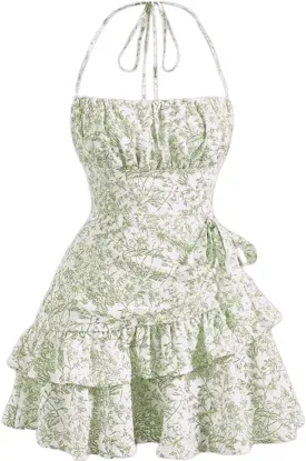 Narecte Summer Dresses for Women,Tie Halter Mini Dress,Floral Print Short Dress,Ruffle Trim Casual Dresses