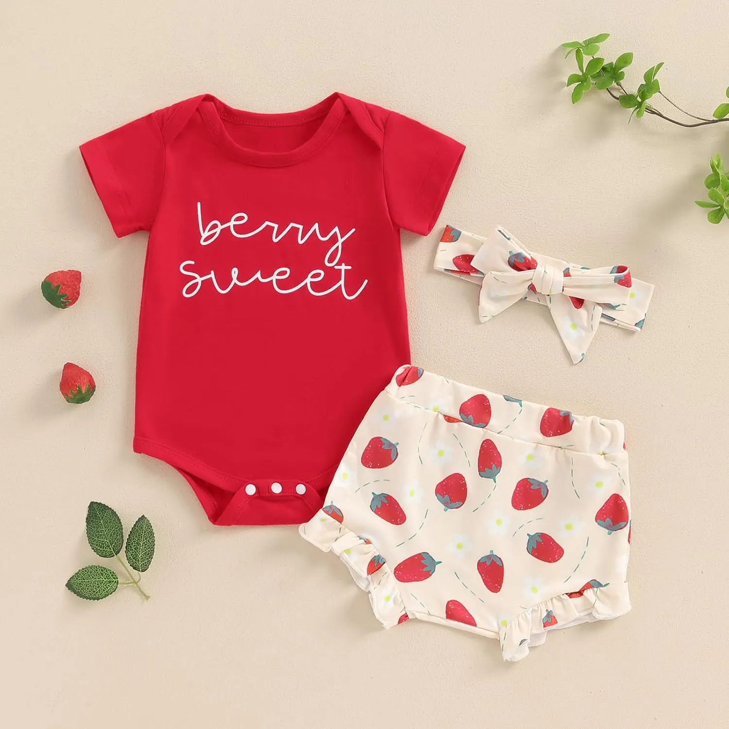 Newborn Baby Girl Summer Shorts Set Little Cutie/Berry Sweet Short Sleeve Romper Orange/Strawberry Shorts Outfit
