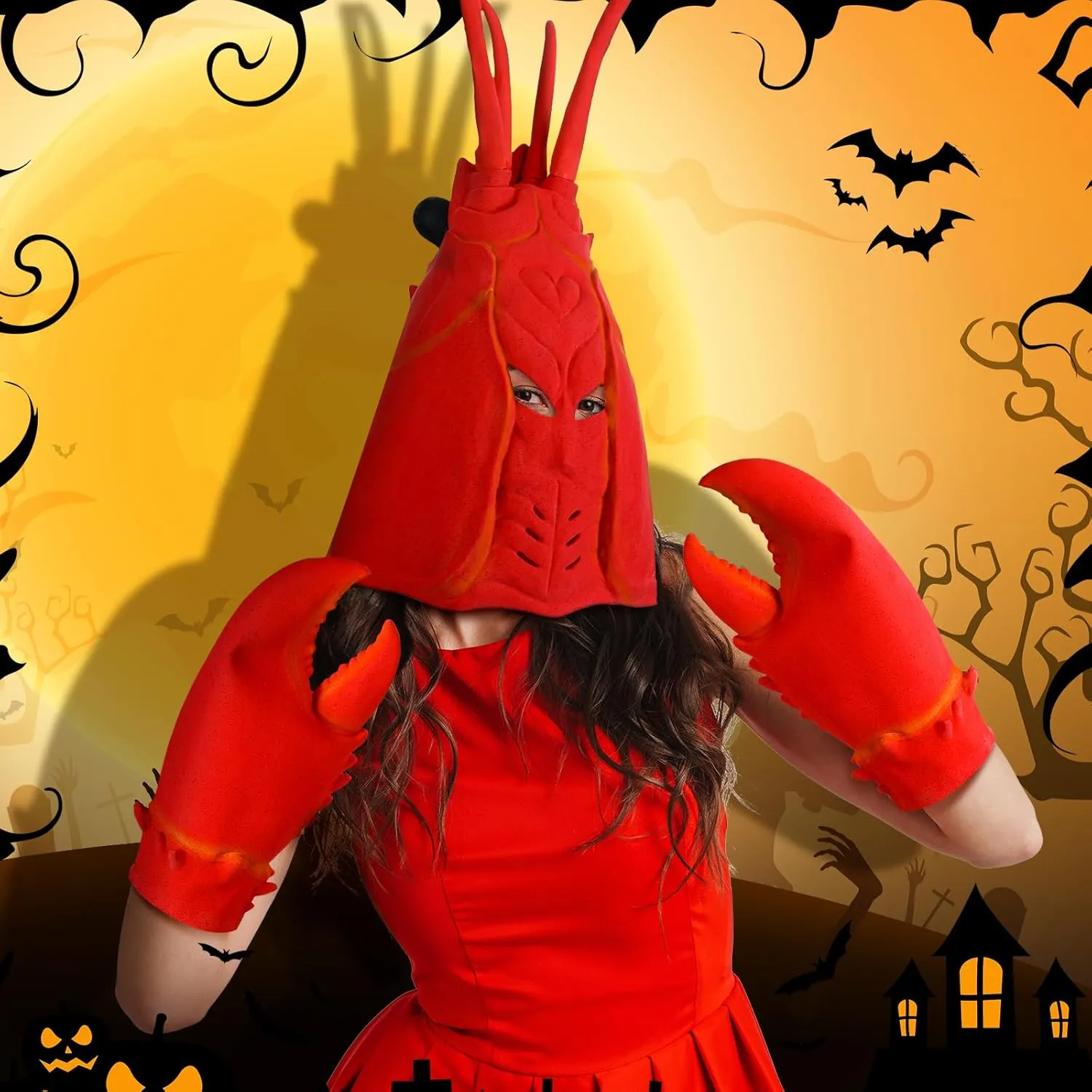 Newcotte 2 Pcs Halloween Crab Lobster Costume Set Funny Hat Latex Giant Claws Gloves for Men Women Cosplay Party