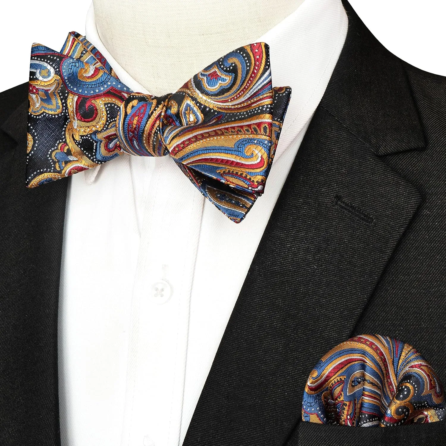 Original Mens Bowtie Self Bow Tie & Pocket Square Set