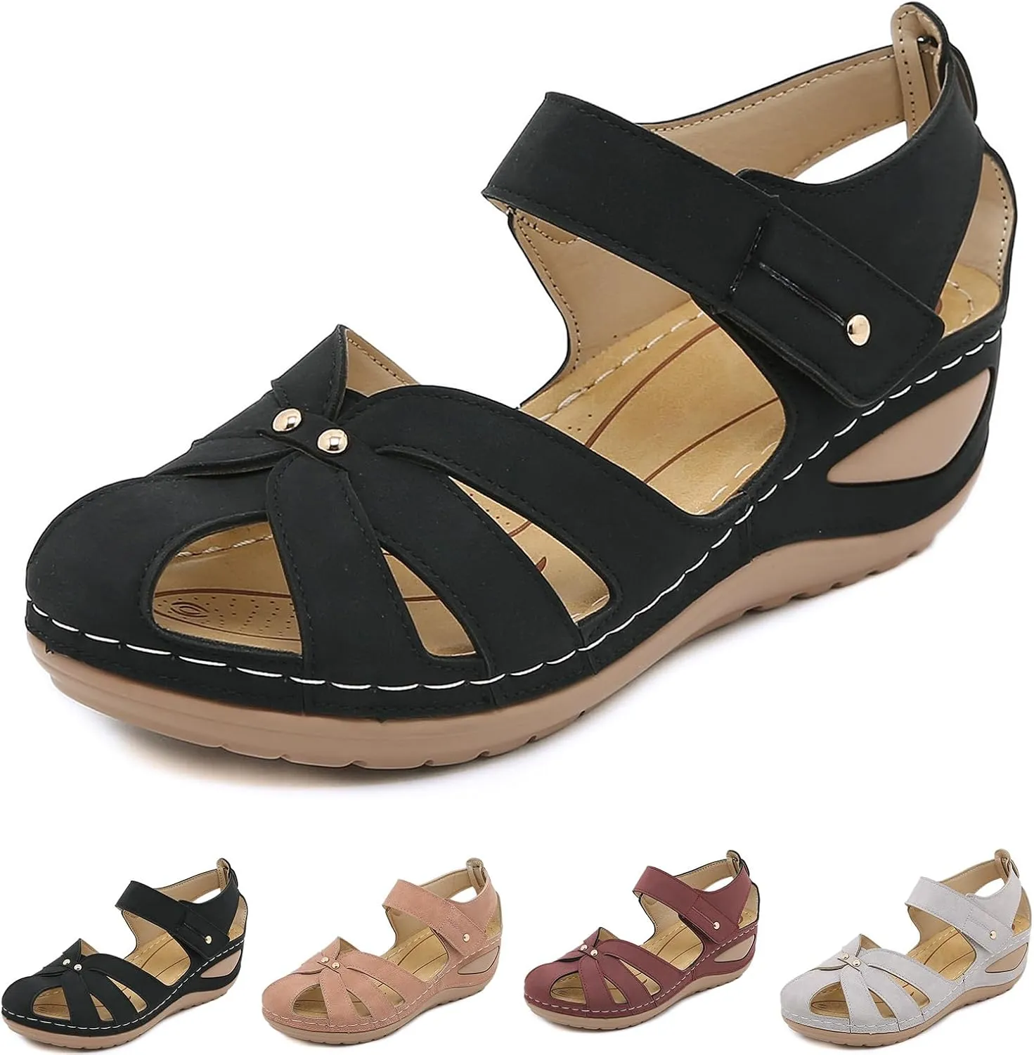 Orthopedic Sandals for Women Dressy Summer Ankle Strap Closed Toe Wedge Platform Sandals Comfortable Casual Hollow Out Shoes with Arch Support Lightweight Bohemia Outdoor Shoes